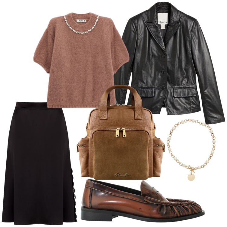 Outfit donna - Tonalità biscotto. Stile Casual per Tutti i giorni. Abbinamento con blazer, mocassini, gonne longuette, maglieria, zaini, collane.