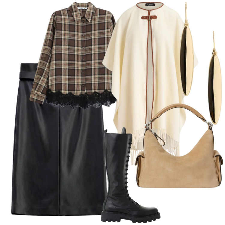 Outfit donna - Tartan autunno. per Tutti i giorni. Abbinamento con gonne longuette, stivali, camicie, borse a spalla, orecchini, cappe.
