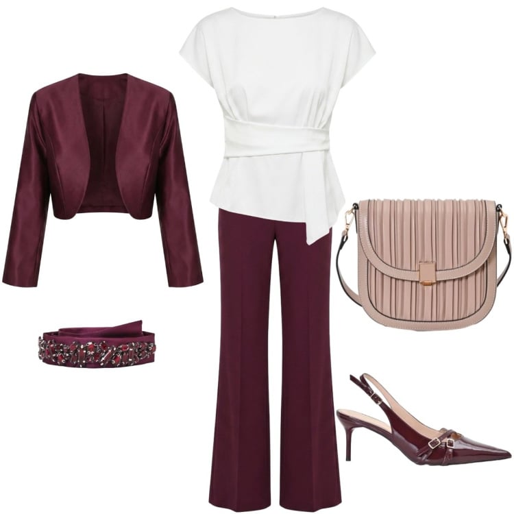 Outfit donna - Vinaccia. Stile Glamour per Serata fuori. Abbinamento con blazer, cinture, borse a tracolla, bluse, décolleté, pantaloni a palazzo.