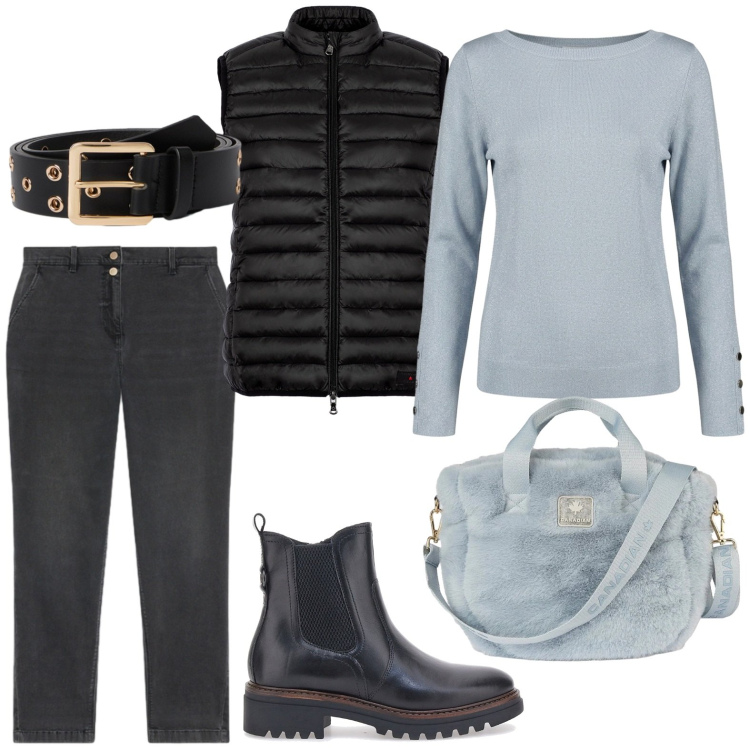 Outfit donna - Touch celeste. Stile Casual per Tutti i giorni. Abbinamento con cinture, jeans, piumini, borse tote, maglieria, stivaletti chelsea.