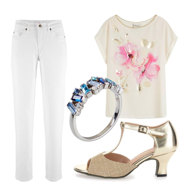 Outfit donna - Total white per la città. Stile Romantica per Serata fuori. Abbinamento con jeans mom, maglieria, anelli, décolleté.