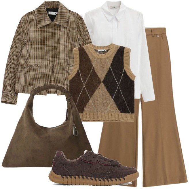 Outfit donna - Gilet a quadri. Stile Trendy per Tutti i giorni. Abbinamento con pantaloni, camicie, borse a spalla, maglieria, cappotti, sneakers.