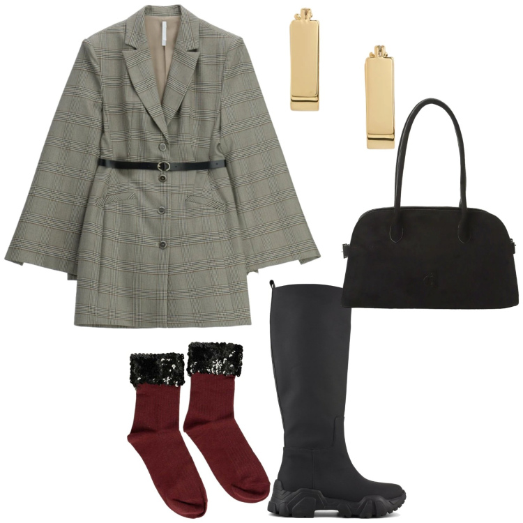 Outfit donna - Tartan. per Ufficio. Abbinamento con vestiti corti, borse a spalla, calzini, orecchini, stivali.