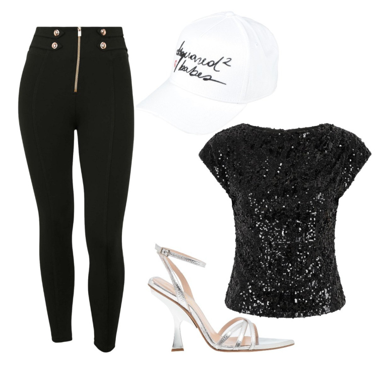 Outfit donna - Luminosa. Stile Glamour per Serata fuori. Abbinamento con sandali in pelle, cappelli con visiera, top, pantaloni skinny.