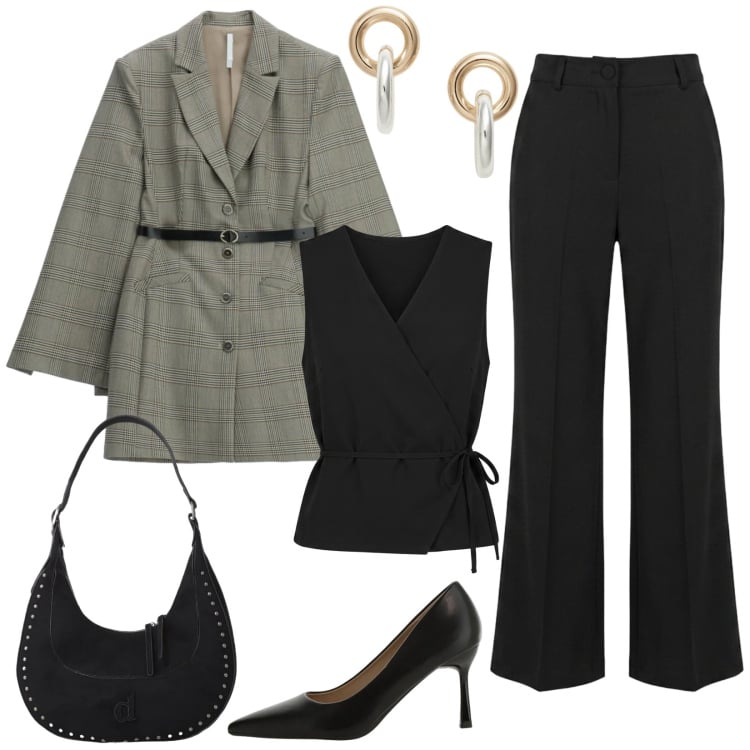 Outfit donna - La giacca lunga tartan. Stile Chic per Serata fuori. Abbinamento con vestiti corti, décolleté, borse a spalla, pantaloni, top, orecchini.