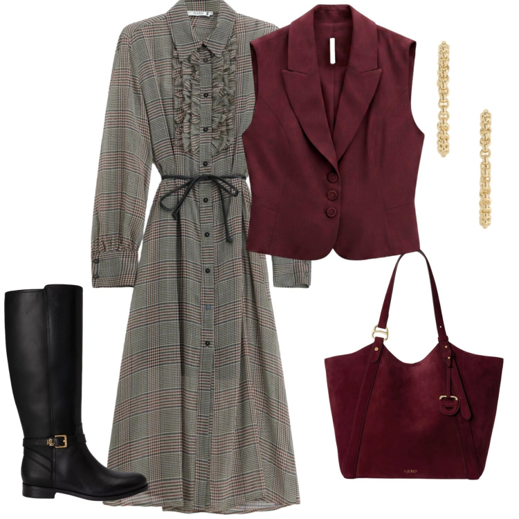 Outfit donna - Tartan autunno. per Ufficio. Abbinamento con gilet, vestiti midi/longuette, borse tote, orecchini, stivali.