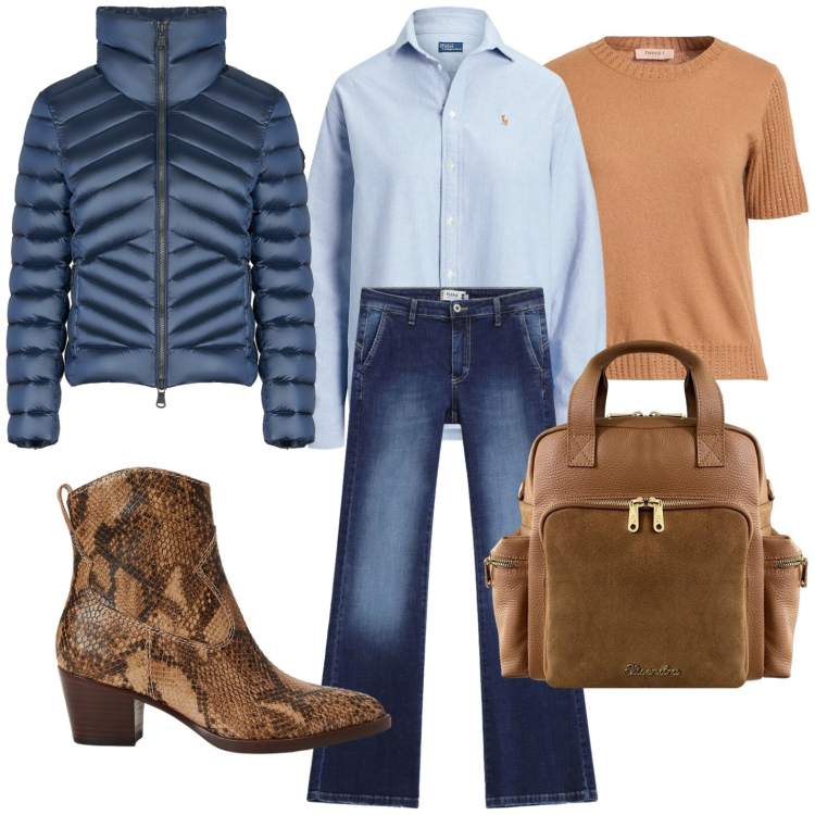 Outfit donna - Effetto layering. Stile Casual per Tutti i giorni. Abbinamento con pullovers, jeans, zaini, piumini, stivaletti, camicie.