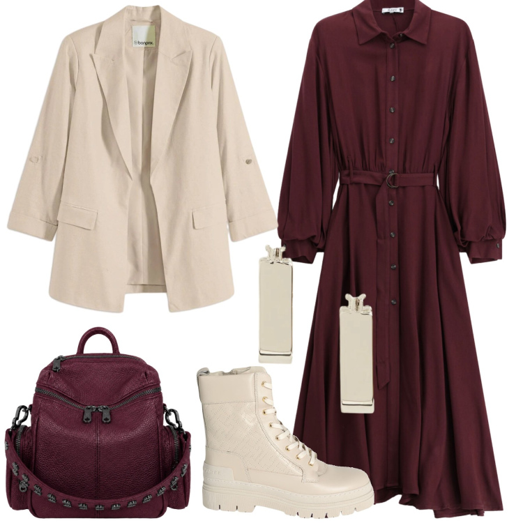 Outfit donna - Total look #2468600. Stile Casual per Tutti i giorni. Abbinamento con stivaletti, blazer, vestiti chemisier, zaini, orecchini.