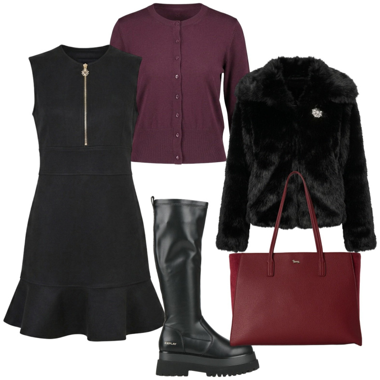 Outfit donna - Wine and black. Stile Casual per Tutti i giorni. Abbinamento con stivali, shopping bag, cardigans, vestiti senza maniche, blazer.