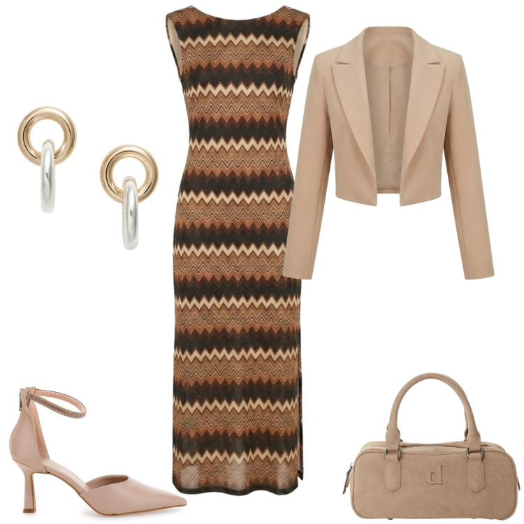 Outfit donna - Sera di fine estate. Stile Casual per Serata fuori. Abbinamento con borse a mano, bolero, vestiti lunghi, orecchini, décolleté.