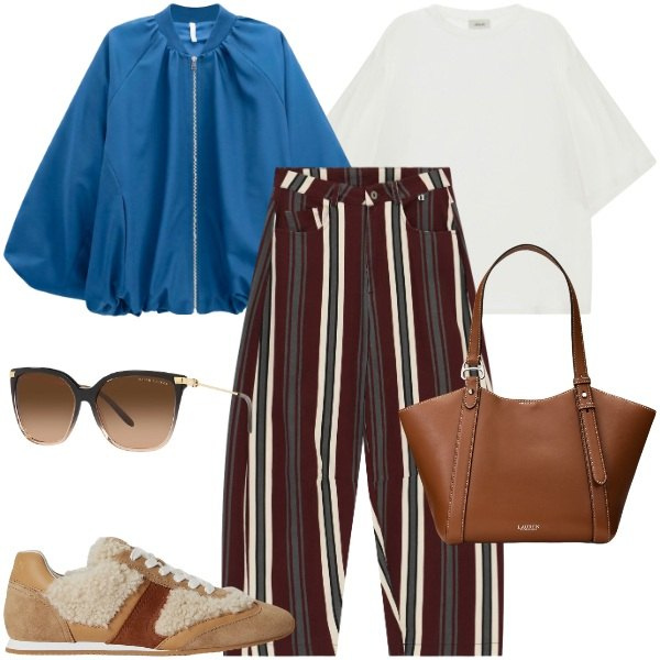 Outfit donna - Settembre righe e denim. Stile Urban per Tutti i giorni. Abbinamento con bomber, t-shirt, pantaloni, occhiali da sole, borse tote, sneakers.