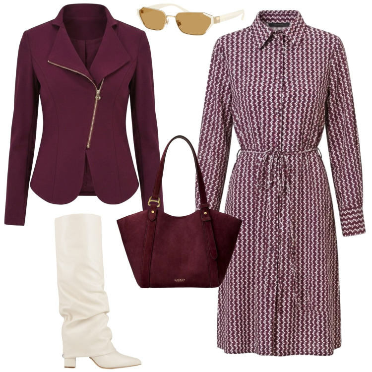 Outfit donna - Casual chic ufficio tempo libero. Stile Casual chic per Tutti i giorni. Abbinamento con stivali, blazer, vestiti chemisier, occhiali da sole, borse tote.