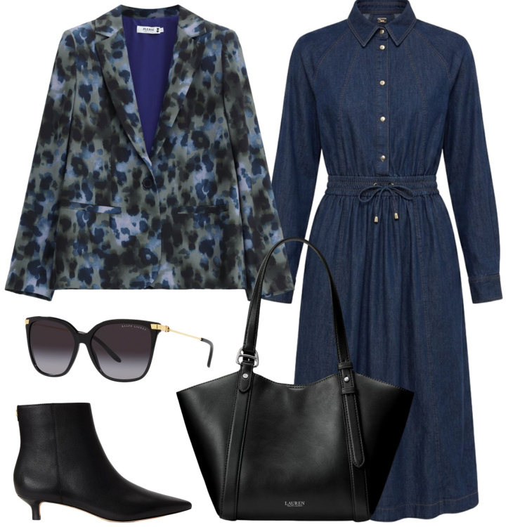 Outfit donna - Total look #2468613. Stile Casual chic per Tutti i giorni. Abbinamento con vestiti chemisier, blazer, occhiali da sole, stivaletti, borse tote.