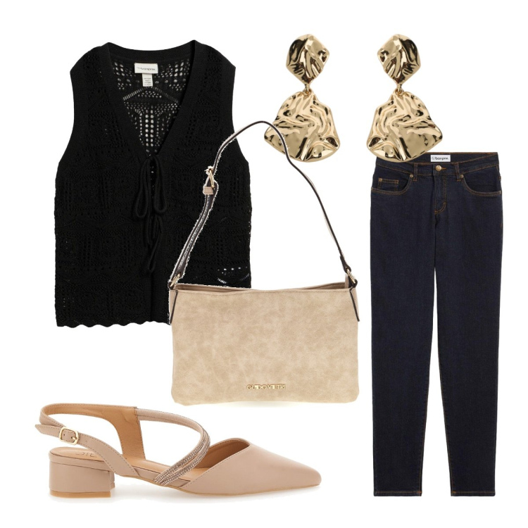Outfit donna - Settembre. Stile Urban per Scuola/Università. Abbinamento con jeans mom, cardigans, orecchini, décolleté, borse a tracolla.