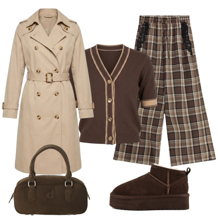 Outfit donna - Sofisticata semplicità autunnale. Stile Preppy per Tutti i giorni. Abbinamento con borse a mano, pantaloni a palazzo, cardigans, trench, stivaletti.