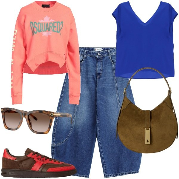 Outfit donna - Sporty con classe. Stile Sporty chic per Tutti i giorni. Abbinamento con felpe, top, jeans, occhiali da sole, borse a spalla, sneakers.