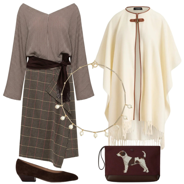 Outfit donna - Stile inglese in autunno. Stile Trendy per Ufficio. Abbinamento con top, gonne longuette, collane, ballerine, pochette, cappe.