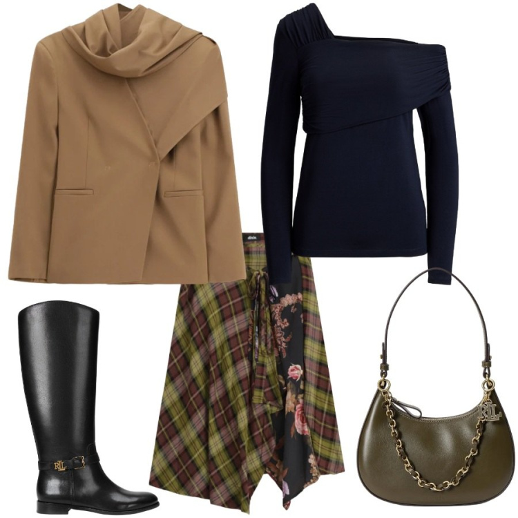 Outfit donna - Total look #2468627. Stile Casual chic per Tutti i giorni. Abbinamento con blazer, gonne longuette, borse a spalla, top, stivali.