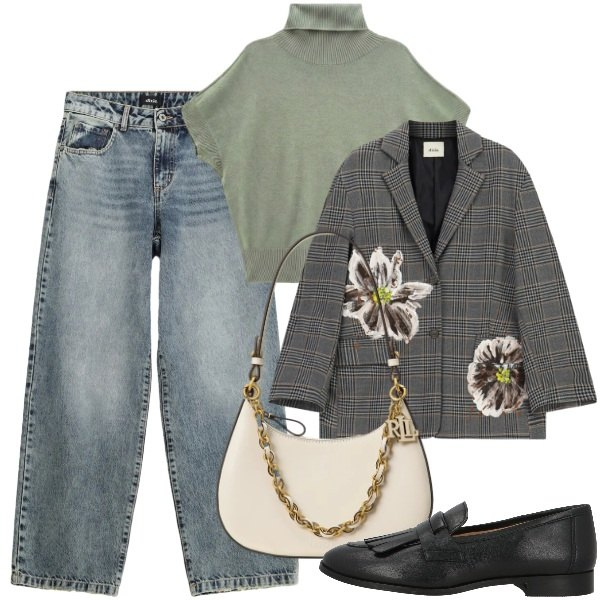 Outfit donna - Grandi fiori e denim. Stile Trendy per Tutti i giorni. Abbinamento con mocassini, t-shirt, jeans dritti, blazer, borse a spalla.