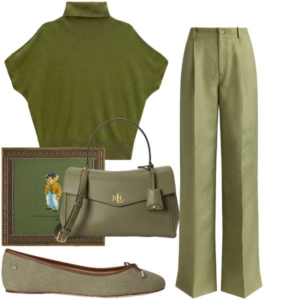 Outfit donna - Green love. Stile Trendy per Tutti i giorni. Abbinamento con t-shirt, ballerine, borse a mano, pantaloni, foulard.