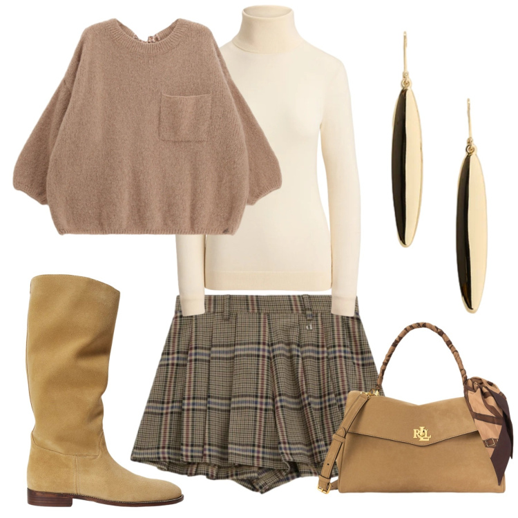 Outfit donna - Autumn Tartan. Stile Trendy per Tutti i giorni. Abbinamento con pullovers, pantaloni corti, orecchini, stivali, borse a mano, pullovers.