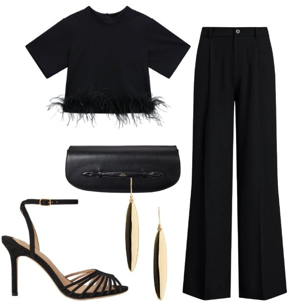 Outfit donna - Black is glamour. Stile Glamour per Serata fuori. Abbinamento con t-shirt, pantaloni, clutch, sandali col tacco, orecchini.