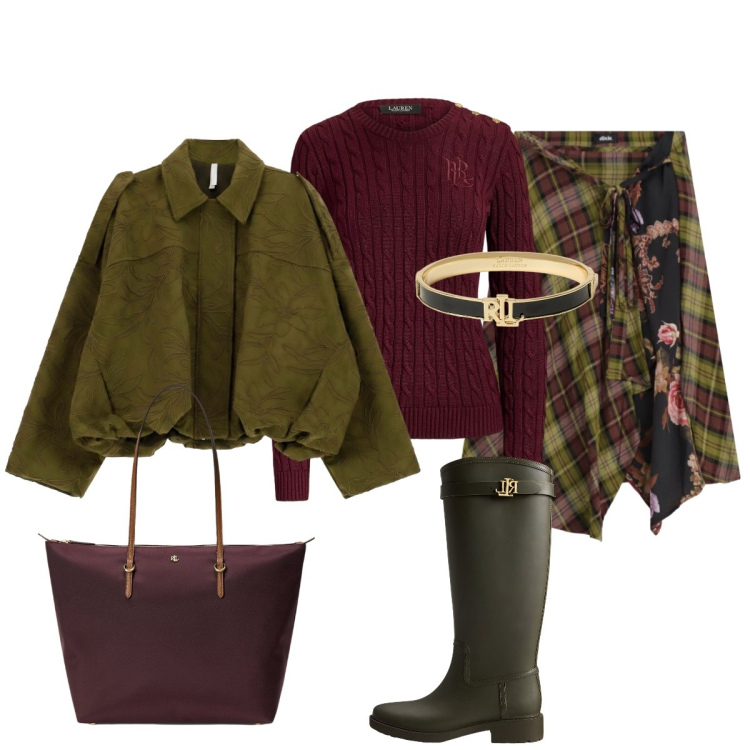 Outfit donna - Stile sofisticato e british. Stile Preppy per Tutti i giorni. Abbinamento con bomber, gonne longuette, stivali di gomma, braccialetti, borse tote, maglieria.