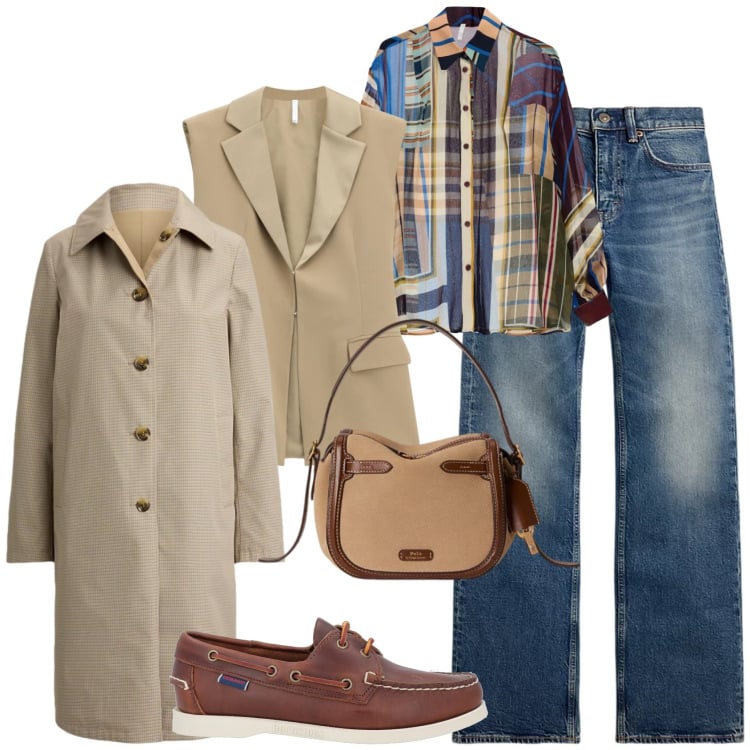 Outfit donna - Casual chic ufficio tempo libero. Stile Casual chic per Tutti i giorni. Abbinamento con mocassini, gilet, camicie, jeans bootcut, borse a mano, cappotti.