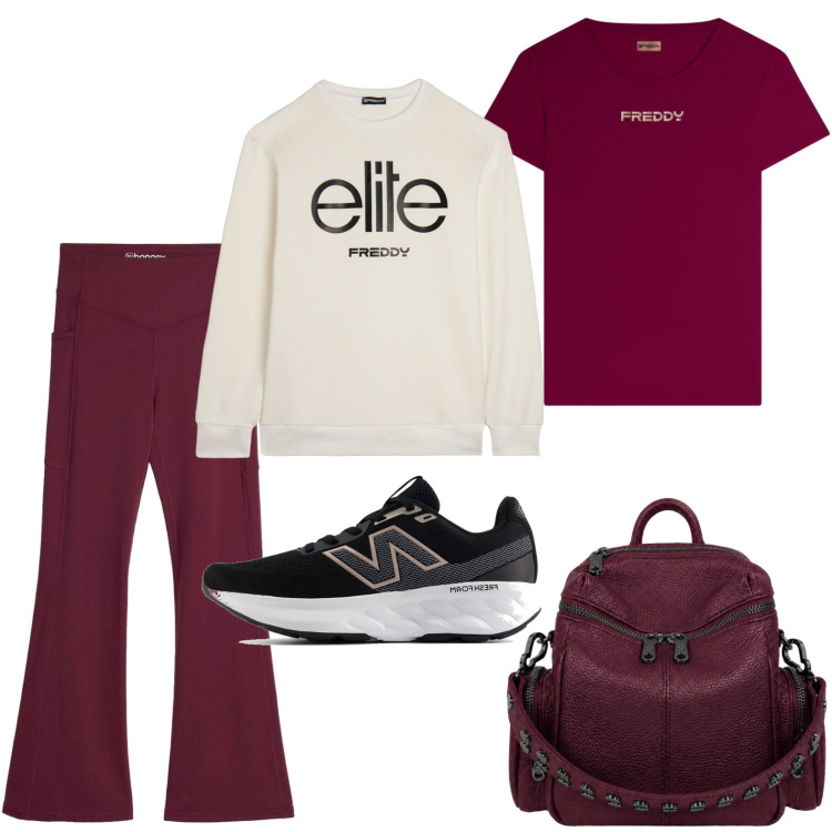 Outfit donna - Allenamento del venerdì. Stile Casual per Sport. Abbinamento con leggings sportivo, felpe, t-shirt sportive, zaini, scarpe sportive.