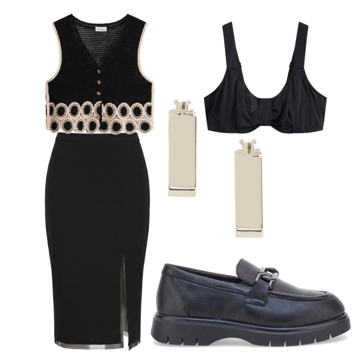 Outfit donna - Ufficio settembre. Stile Casual chic per Ufficio. Abbinamento con reggiseni, maglieria, gonne longuette, orecchini, mocassini.
