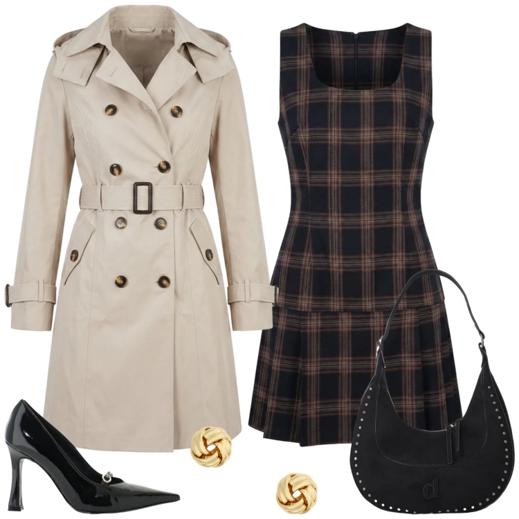 Outfit donna - Total look #2468655. Stile Preppy per Tutti i giorni. Abbinamento con décolleté, borse a spalla, trench, vestiti corti, orecchini.