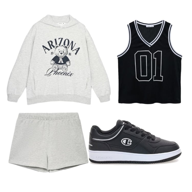 Outfit donna - Settembre. Stile Basic per Sport. Abbinamento con canottiere, felpe con cappuccio, pantaloni sportivi, sneakers.