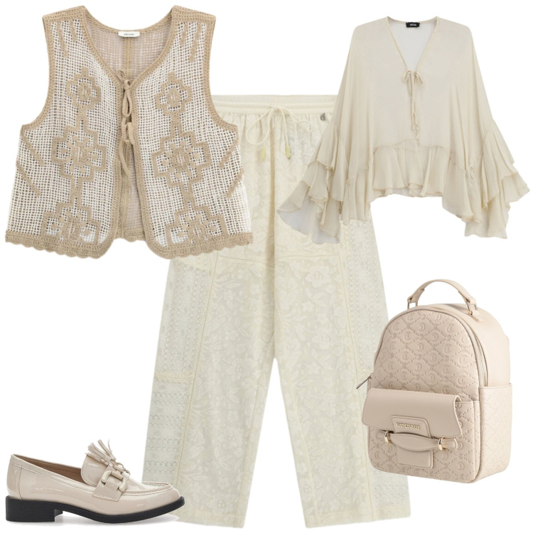 Outfit donna - Chic ufficio tempo libero settembre. Stile Chic per Tutti i giorni. Abbinamento con zaini, pantaloni, bluse, gilet, mocassini.