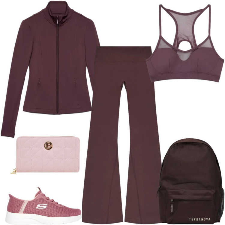 Outfit donna - Terranova - Active Collection FW26. Stile Sporty chic per Sport. Abbinamento con leggings sportivo, zaini, top sportivi, felpe sportive, portafogli, sneakers.