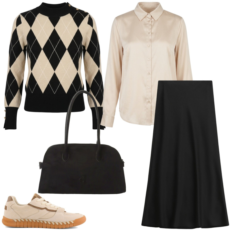 Outfit donna - Total look #2468667. Stile Casual chic per Tutti i giorni. Abbinamento con gonne lunghe, borse a spalla, pullovers, camicie, sneakers.