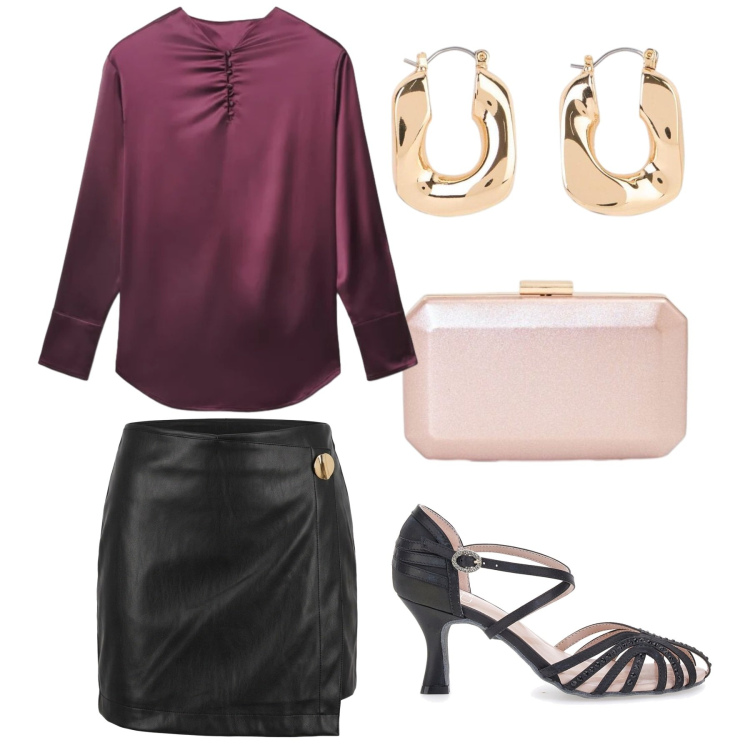 Outfit donna - Aperitivo Rosa Prugna. Stile Bon Ton per Serata fuori. Abbinamento con orecchini, bluse, clutch, minigonne, sandali in pelle.