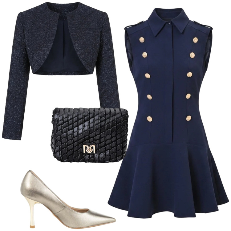Outfit donna - Chic serata evento. Stile Chic per Serata fuori. Abbinamento con bolero, borse a tracolla, décolleté, vestiti corti.