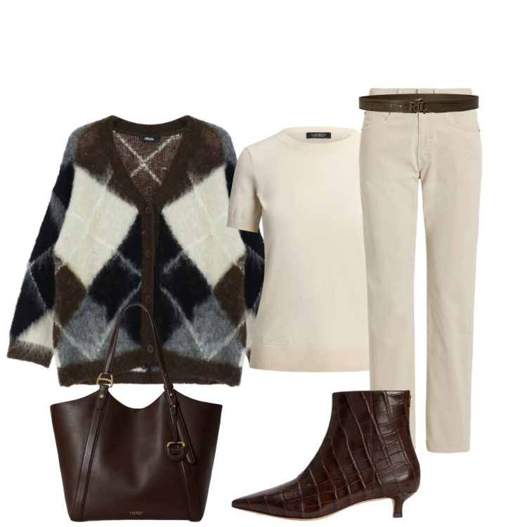 Outfit donna - Ibrido perfetto: casual ma chic. Stile Preppy per Tutti i giorni. Abbinamento con cardigans, pantaloni, t-shirt, borse tote, stivaletti, cinture.