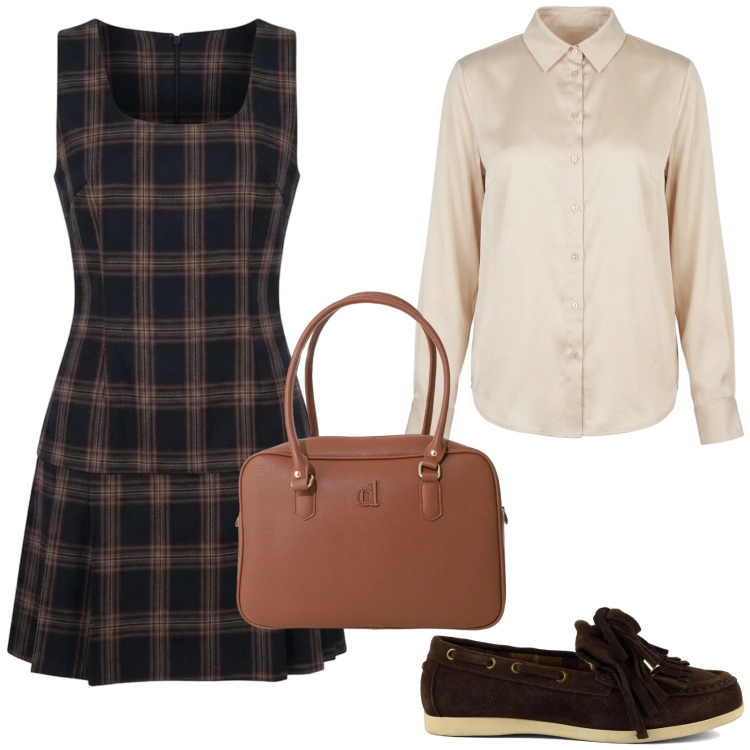 Outfit donna - Preppy girl autumn style. Stile Preppy per Scuola/Università. Abbinamento con borse a mano, camicie, vestiti corti, mocassini.