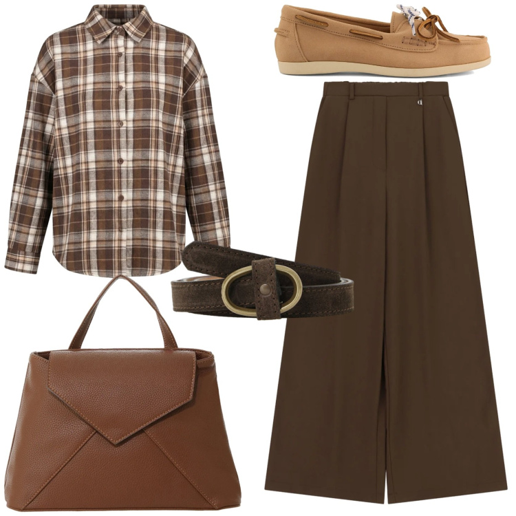Outfit donna - Autumn palette. Stile Preppy per Scuola/Università. Abbinamento con borse a mano, pantaloni a palazzo, cinture, camicie, mocassini.
