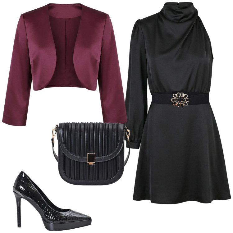 Outfit donna - Chic serata evento. Stile Chic per Serata fuori. Abbinamento con vestiti asimmetrici, bolero, borse a tracolla, cinture, décolleté.