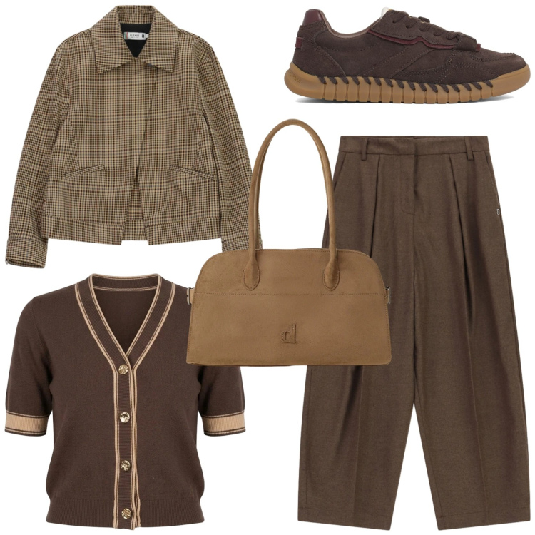 Outfit donna - Tartan mania. Stile Casual chic per Tutti i giorni. Abbinamento con borse a spalla, pantaloni a palazzo, cappotti, cardigans, sneakers.