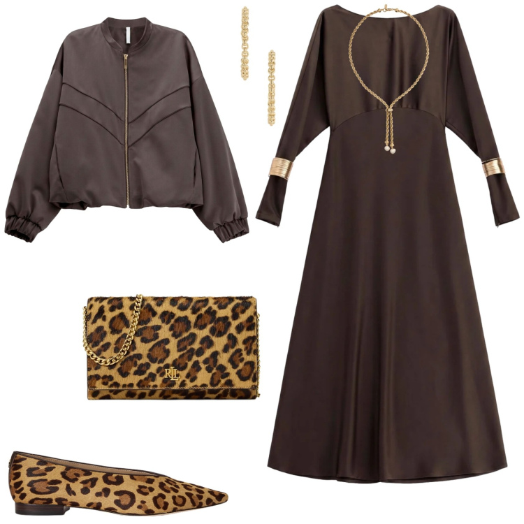 Outfit donna - Chic serata evento speciale. Stile Chic per Serata fuori. Abbinamento con vestiti lunghi, bomber, ballerine, borse a tracolla, orecchini, collane.