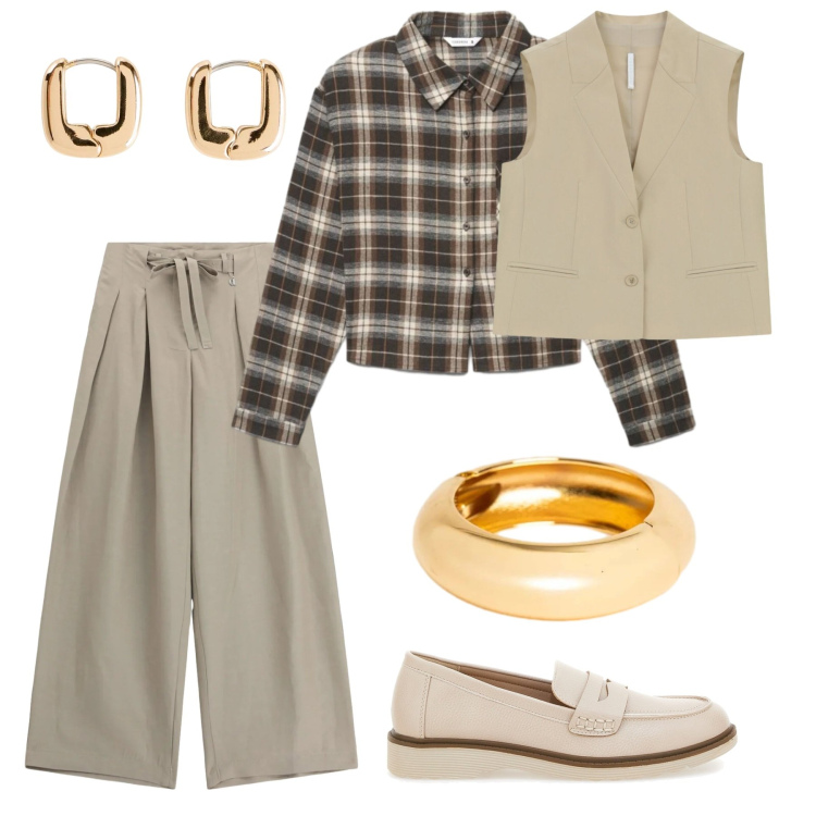 Outfit donna - Il Quadretto Elegante. Stile Urban per Tutti i giorni. Abbinamento con orecchini, gilet, pantaloni a palazzo, camicie, braccialetti, mocassini.