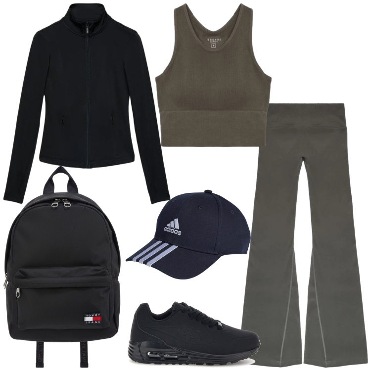Outfit donna - Total look #2468691. Stile Sporty chic per Sport. Abbinamento con top sportivi, leggings sportivo, felpe sportive, cappelli con visiera, zaini, sneakers.