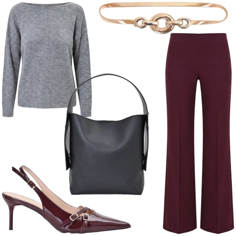 Outfit donna - Eleganza classica. Stile Chic per Tutti i giorni. Abbinamento con pantaloni a palazzo, borse a spalla, cinture, décolleté, maglieria.