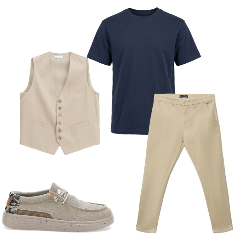 Outfit uomo - Total look #2468699. Stile Trendy per Serata speciale. Abbinamento con t-shirt, gilet, pantaloni chino, scarpe stringate.