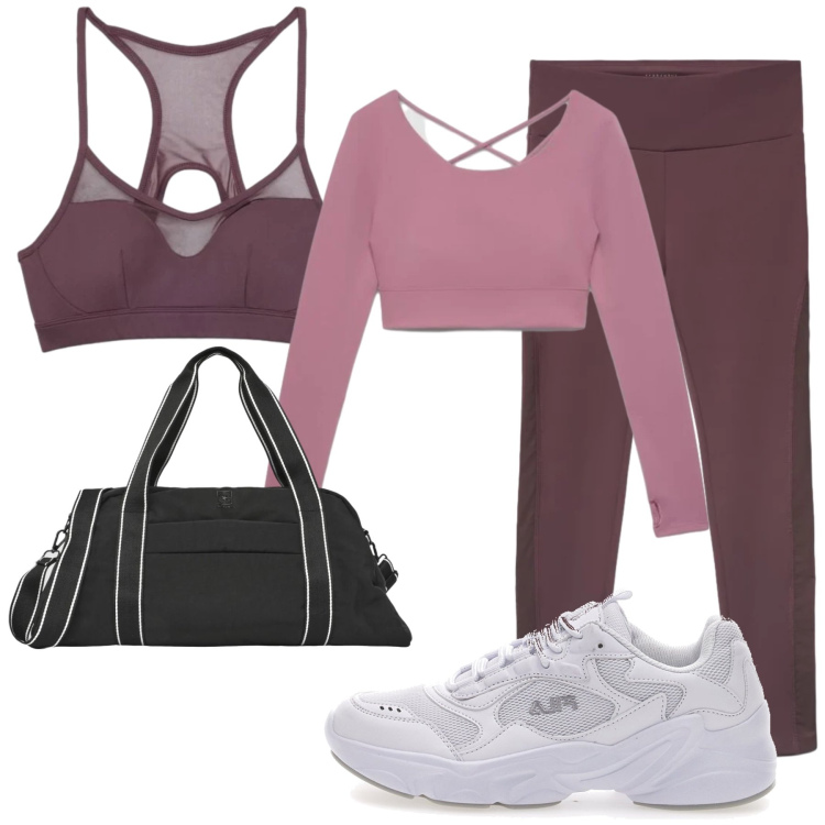 Outfit donna - Total look #2468701. Stile Sporty chic per Sport. Abbinamento con t-shirt sportive, borse sportive, top sportivi, leggings sportivo, sneakers.