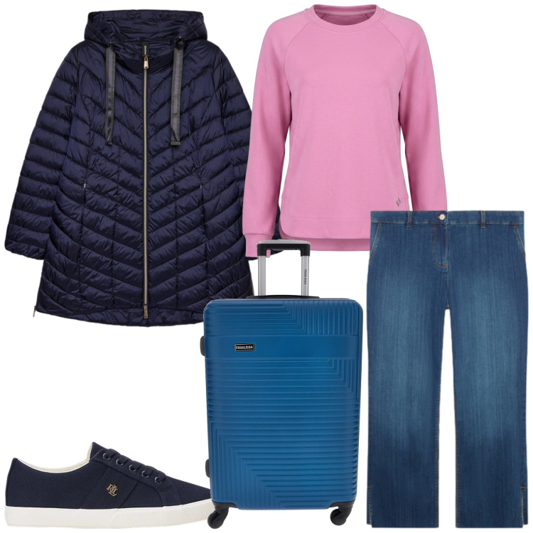 Outfit donna - Total look #2468702. Stile Casual per Tutti i giorni. Abbinamento con piumini, jeans dritti, sneakers, maglieria, valigie.