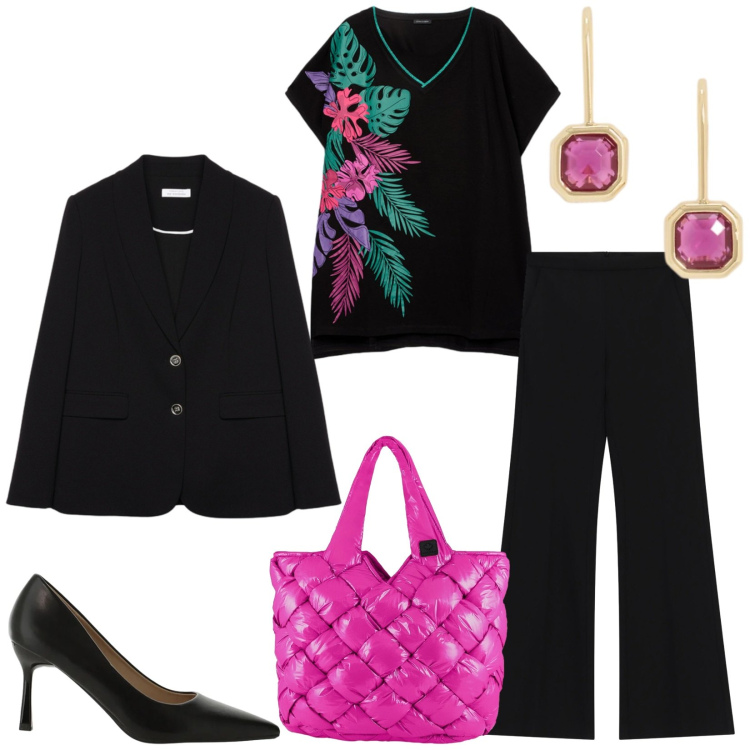 Outfit donna - Total look #2468705. Stile Chic per Serata fuori. Abbinamento con pantaloni, décolleté, t-shirt, blazer, borse tote, orecchini.
